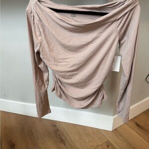 Pink Rose Off Shoulder Ruched Top Mocha Stone Size L Stretch